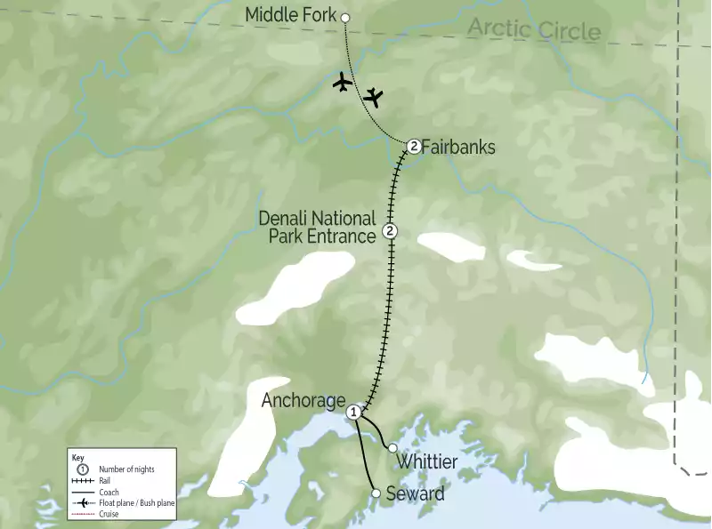 Alaska Train Vacation with the Arctic Cruise Connector map