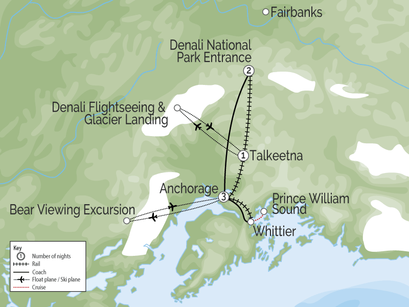 Alaska Train with Denali Icebergs & Bears map