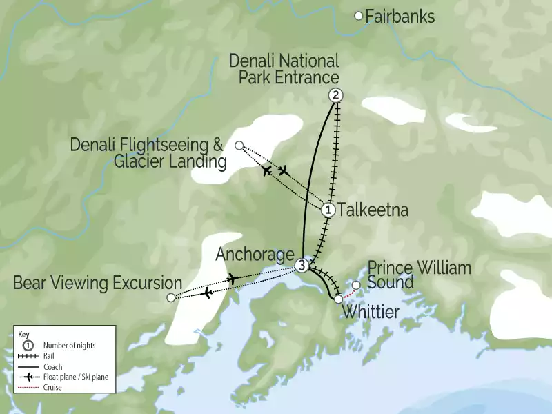 Alaska Train with Denali Icebergs & Bears map