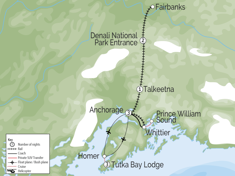 Alaska’s Lodges, Glaciers & Denali map