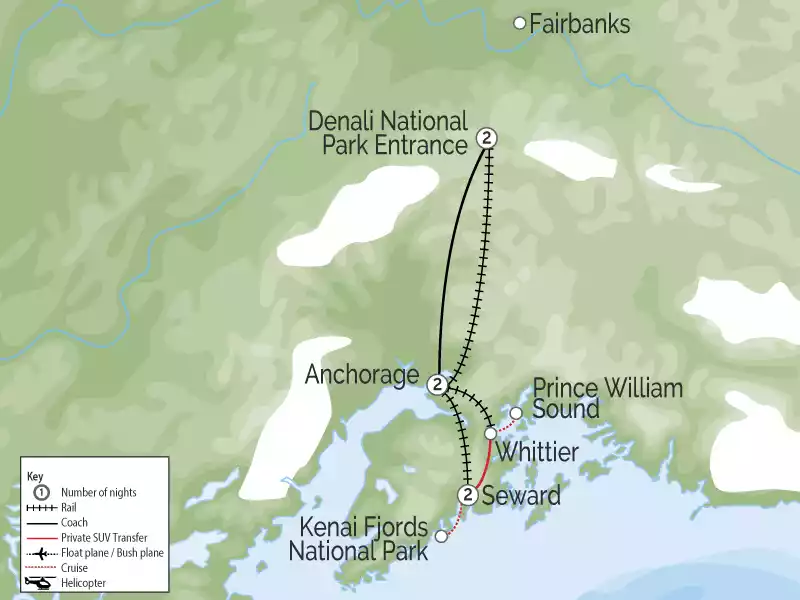 Glaciers, Fjords Denali & Alaska Train Vacation map