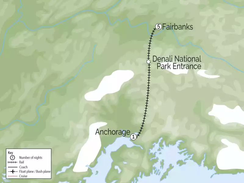 Alaska Northern Lights Train | Aurora, Ice Fishing and Dog Sledding map