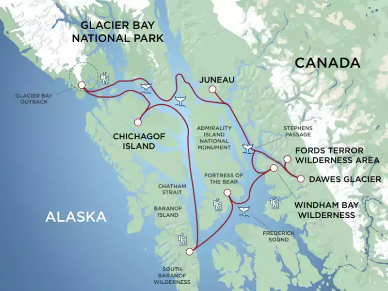 Small Ship Cruises Alaska | Alaska’s Glacier Wilderness with Glacier Bay  map