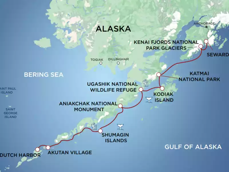 Small Ship Cruises Alaska | Aleutian Islands Adventure with Dutch Harbor and Kodiak map