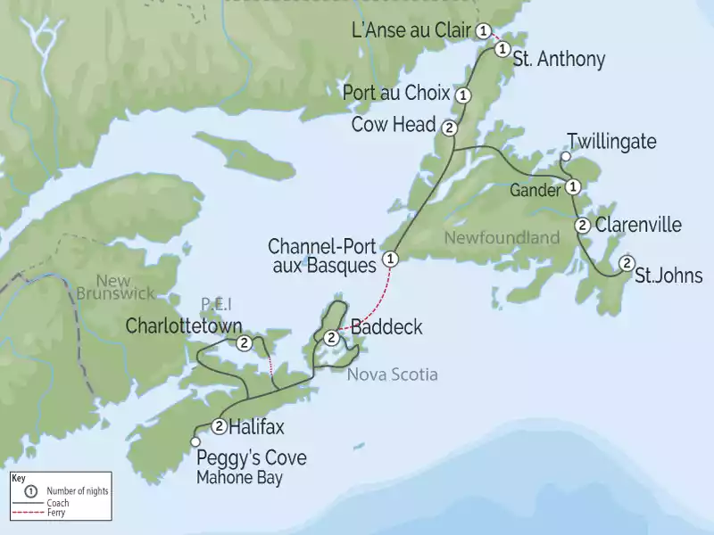Atlantic Maritimes Small Group Tour | Enchanting Islands, Newfoundland & Labrador map