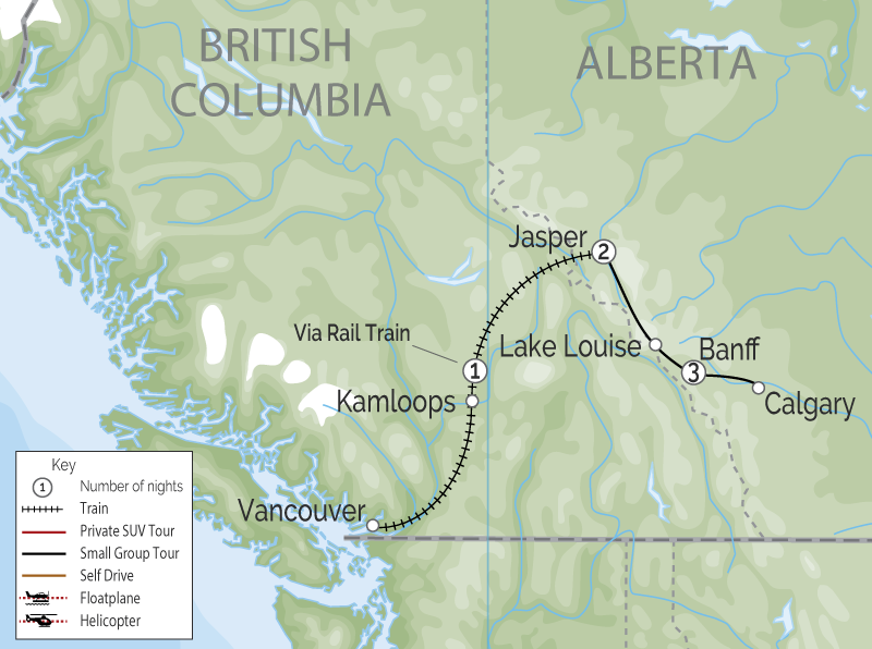 Best of the Canadian Rockies Winter Train Trip map