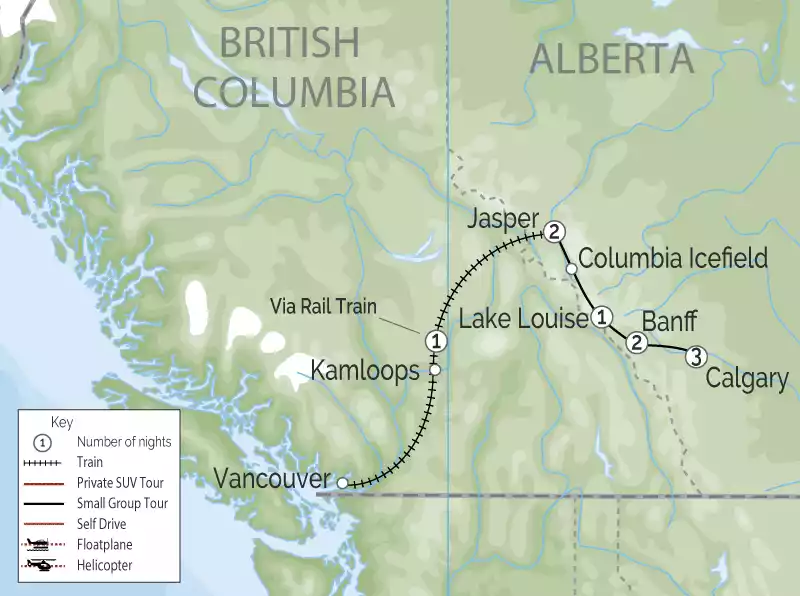 Calgary Stampede and the Canadian Rockies Train Trip map