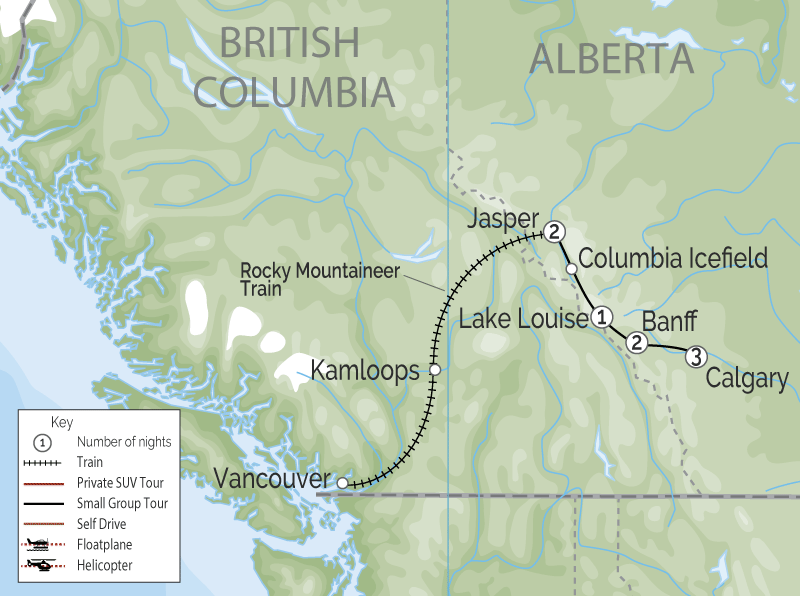 Calgary Stampede Train Through the Canadian Rockies Rocky Mountaineer Map map