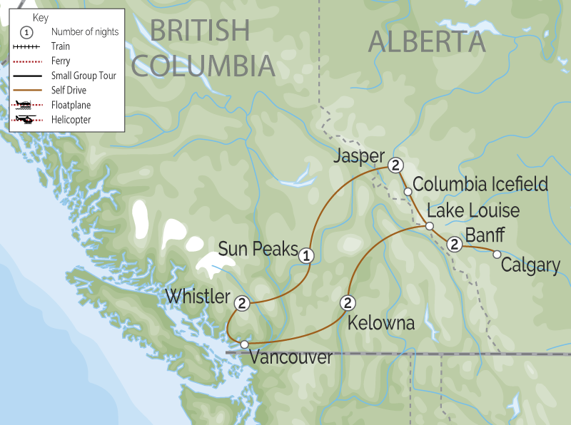 Canadian Rockies Peaks Okanagan Grapes Driving Tour Map