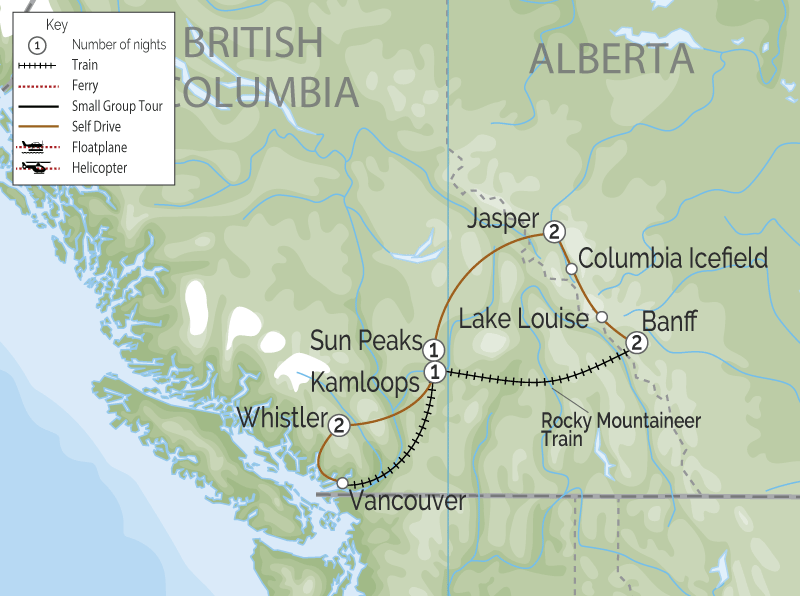 Canadian Rockies Scenic Delights by Road & Rail  map