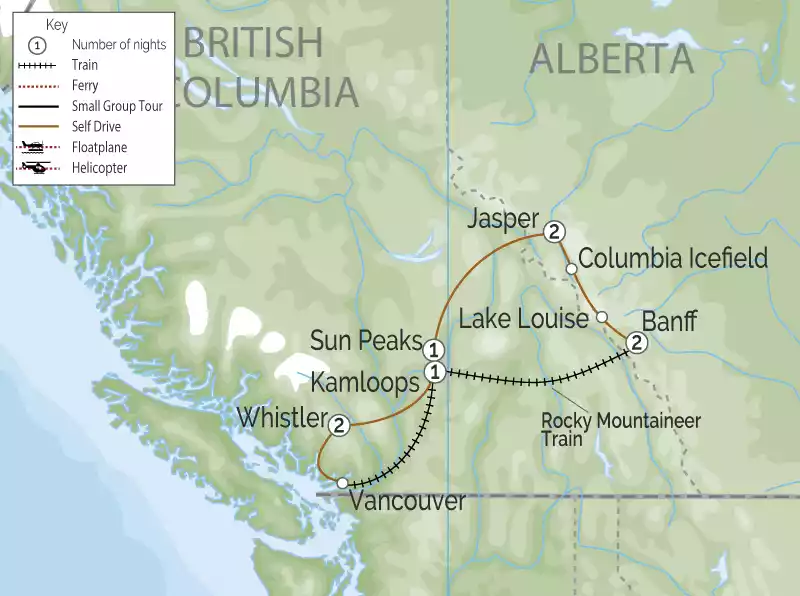 Canadian Rockies Scenic Delights by Road & Rail  map