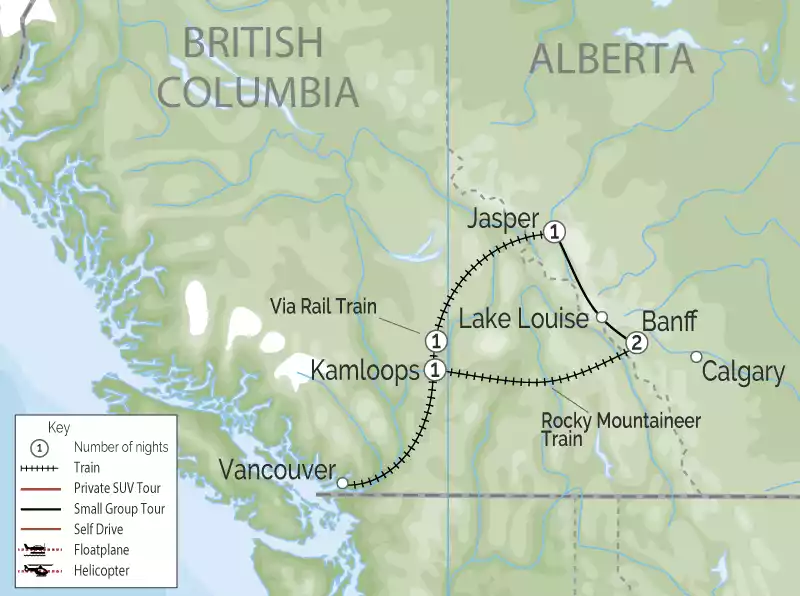 Canadian Rockies Train Combo Circle Tour | VIA Rail | Rocky Mountaineer map