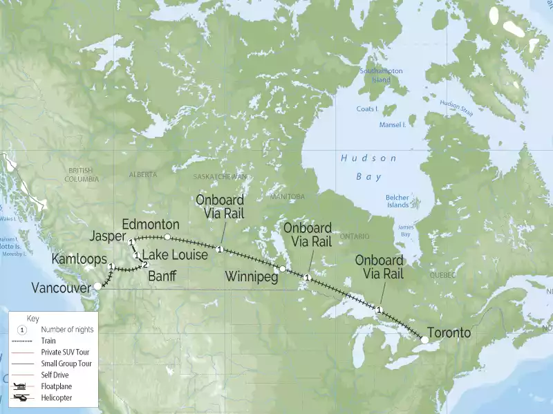 Canadian Trails Rail Across Canada Toronto to Vancouver Map