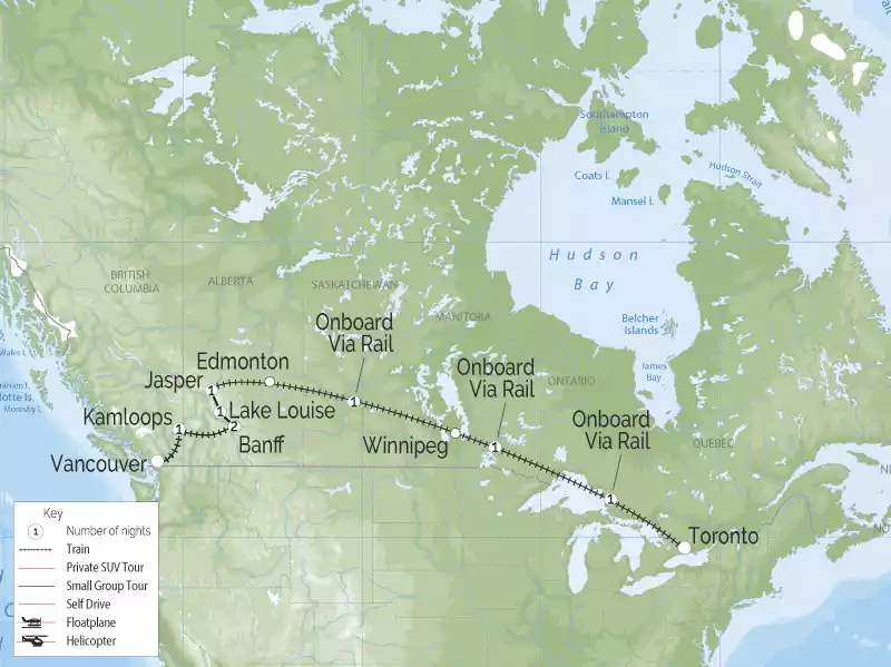 Canadian Trails Rail Across Canada Vancouver to Toronto Map