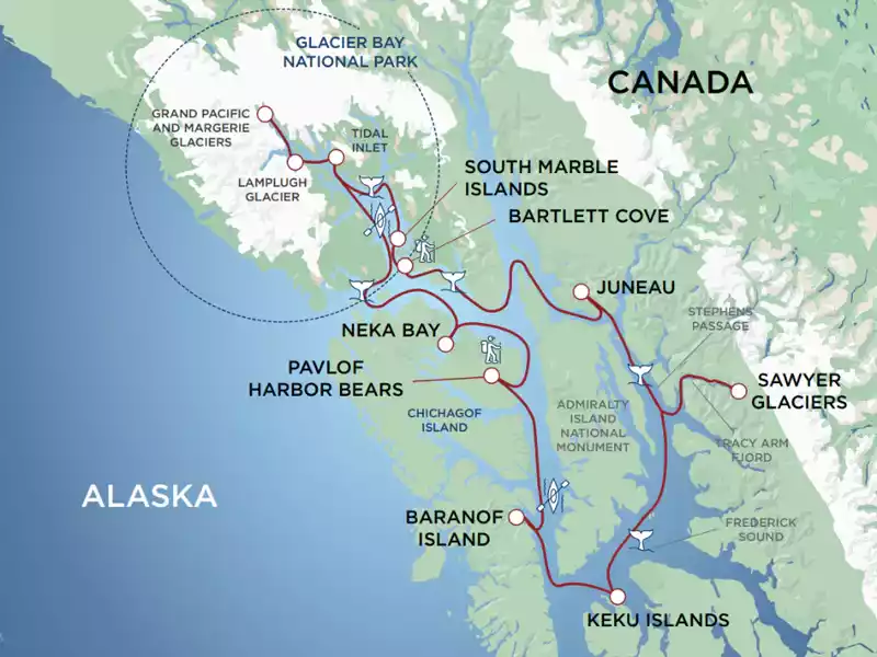Small Ship Cruises Alaska | Glacier Bay Adventure Cruise with 2 Days in Glacier Bay map