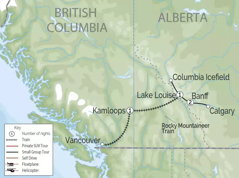 Glittering Glaciers of the Canadian Rockies by Train map