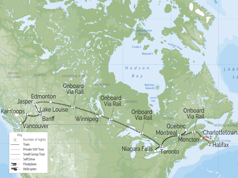 Grand Canadian Train Journey Vancouver to Halifax Map map