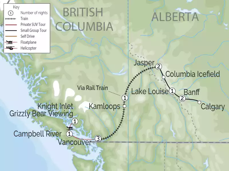 Grizzly Bears & the Canadian Rockies Train Vacation map