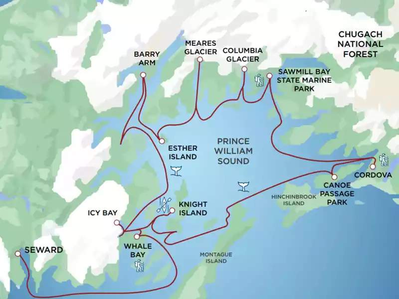 Small Ship Cruises Alaska | Prince William Sound Explorer with Cordova  map