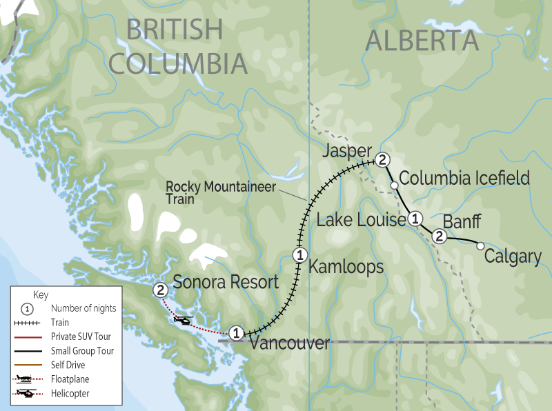 Sonora Resort Canadian Rockies Train Trip Combo Map map