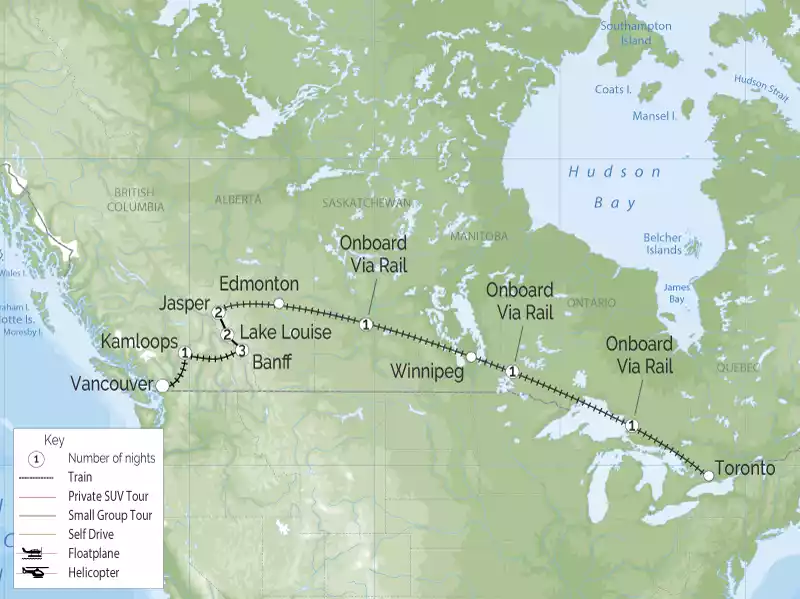Vancouver to Toronto Rail Journey | Rocky Mountaineer and VIA Rail map